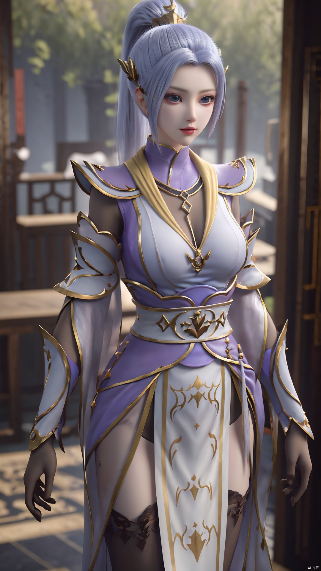 1girl, solo, thighhighs, ponytail, gloves, blue eyes, long hair, breasts, armor, hair ornament, black gloves, looking at viewer, standing, mischevious smile, perfect body, scenery, sharp focus, best quality, masterpiece, detailed outfit, illustration, perfect eyes, finely detailed beautiful anime eyes, realistic skin, intricate details, best lighting, depth of field, ultra high resolution,cowboy_shot, dynamic pose, dynamic angle,