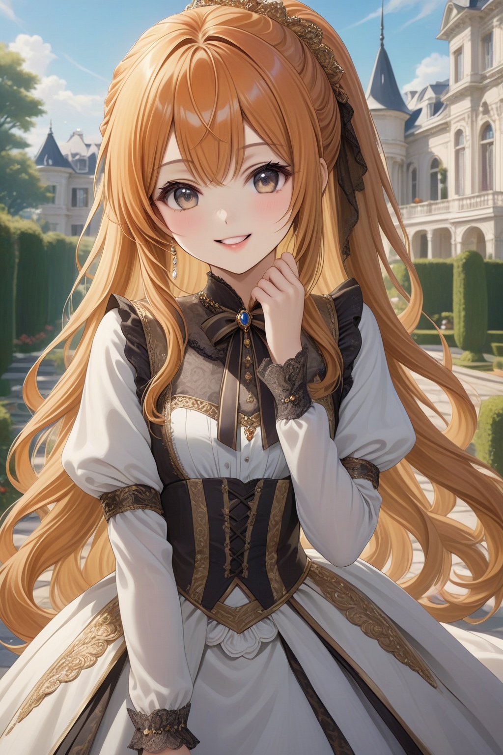 Pretty and charming girl. She wears a very elegant noblewoman oufit. She is a very cute girl. Hyperdetailing masterpiece,...