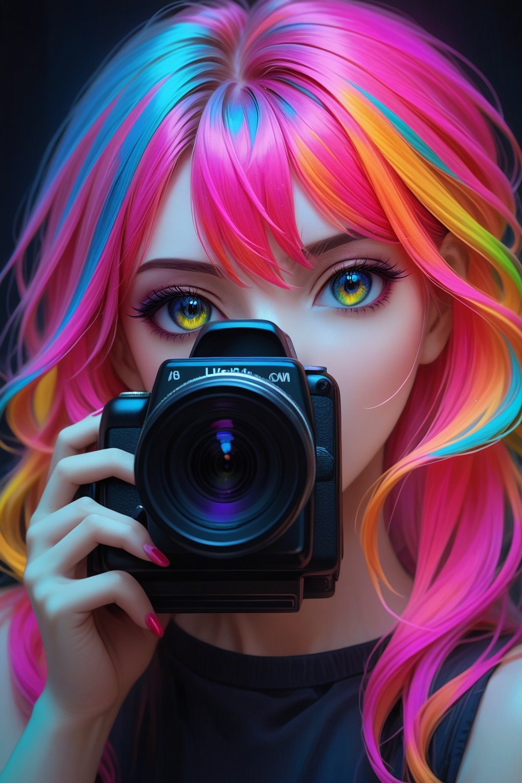 A mysteriously alluring photographer with vibrant,  rainbow-colored hair holds a video camera,  exuding a sense of depth a...