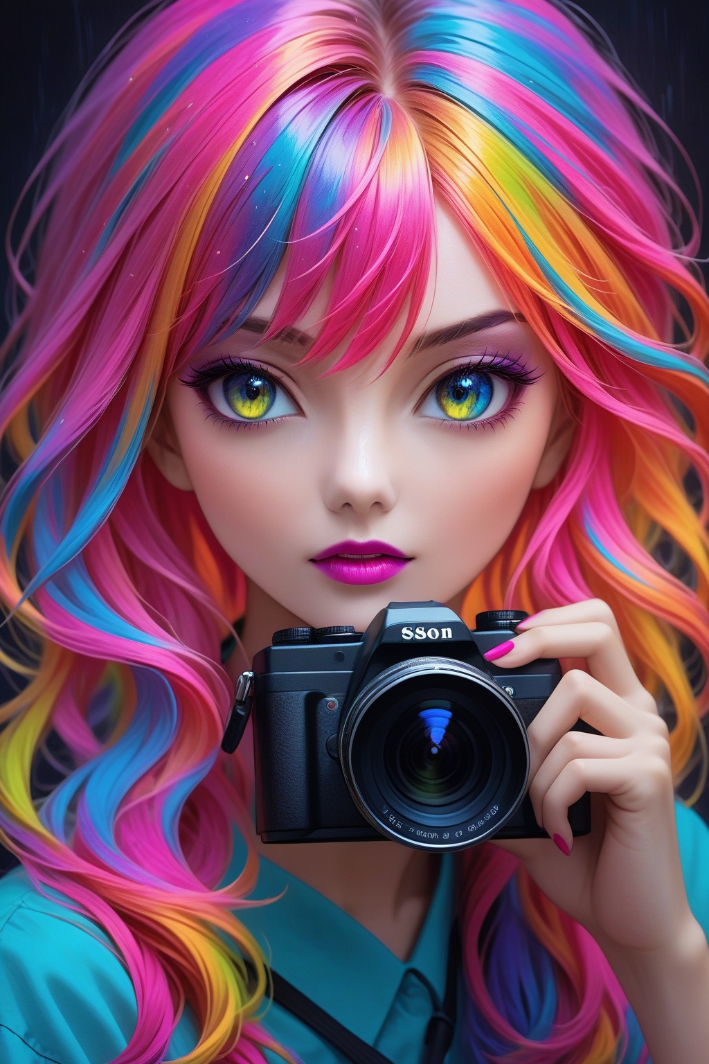 A mysteriously alluring photographer with vibrant,  rainbow-colored hair holds a video camera,  exuding a sense of depth a...