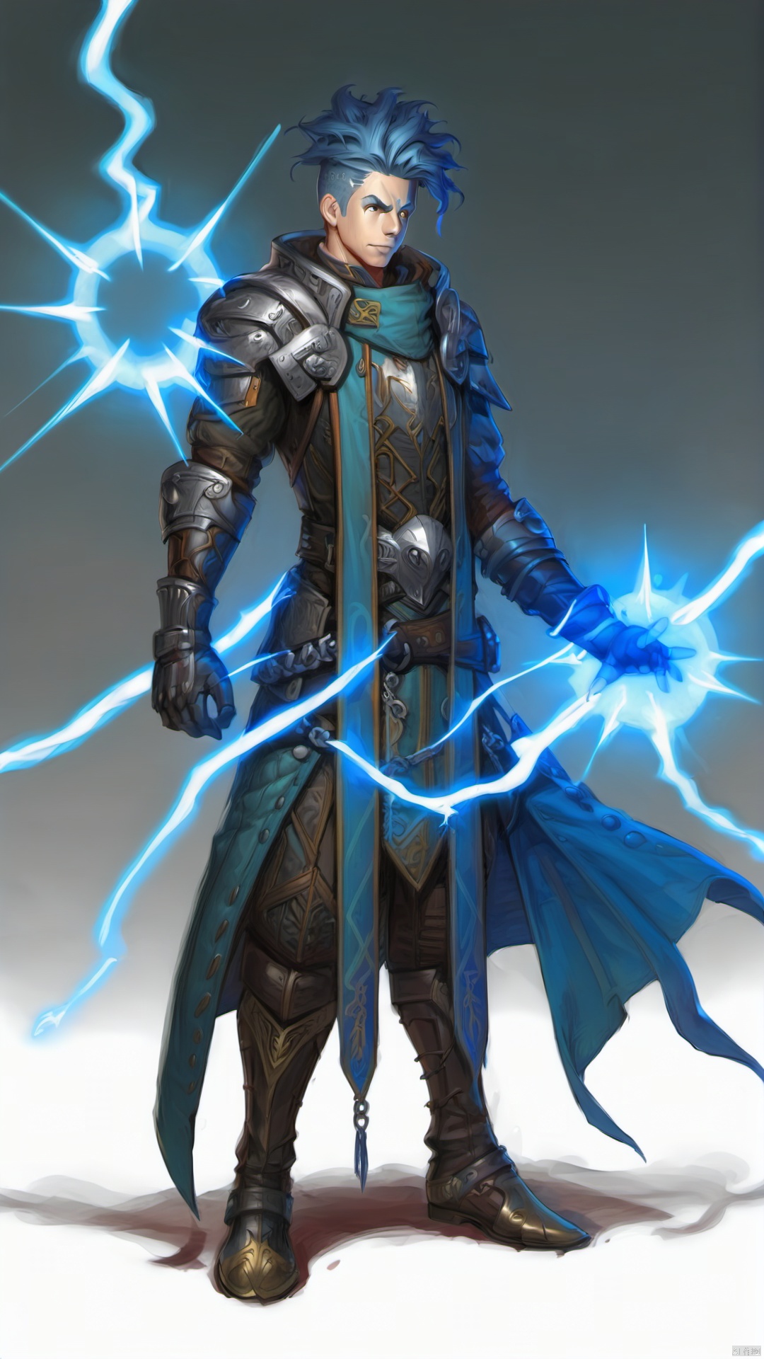 ash, Male Focus, 1boy, Gloves, armor, Blue hair, electricity, Magic, shoulder armor, Standing, scarf, Brown shoes, full body, gradient, belt, chain, boots, Fantasy