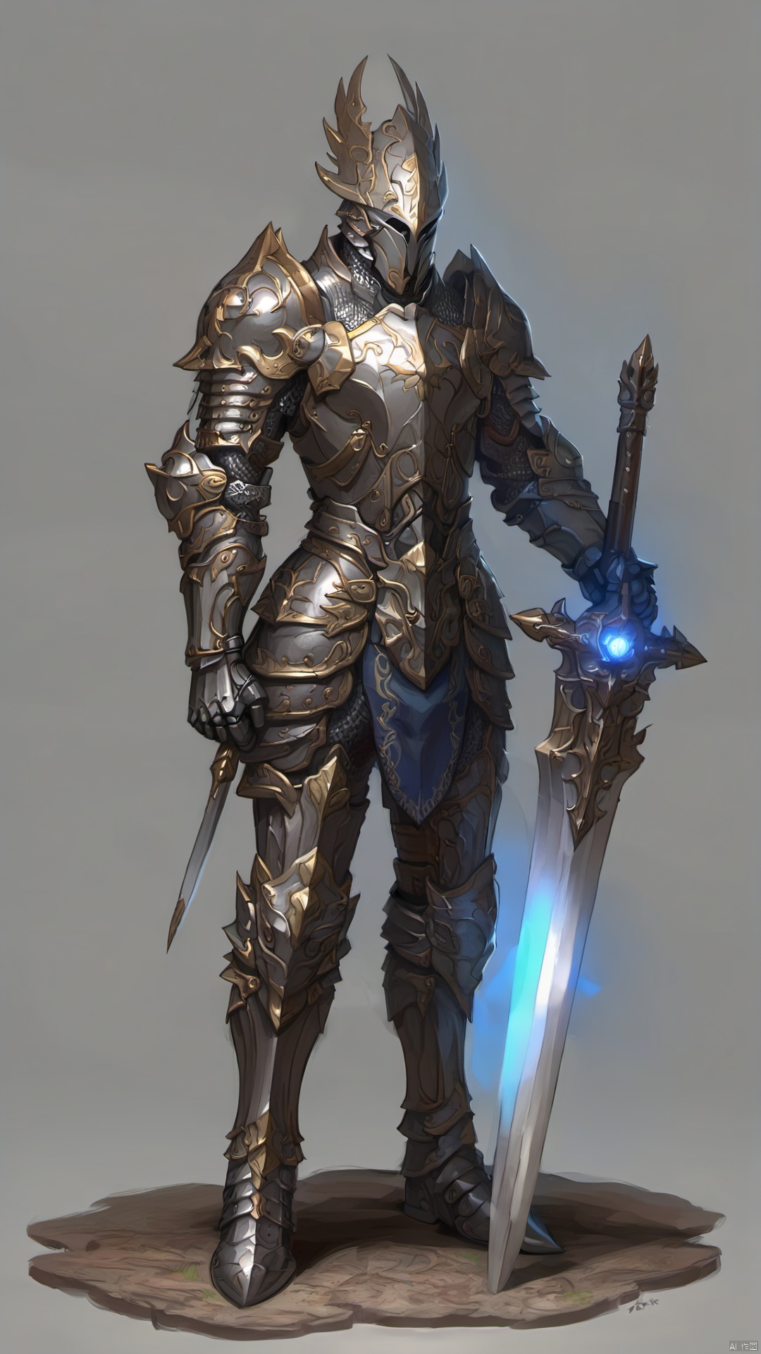 ash, Boy, Male focus, full armor, helmet, gauntlet, Handheld, standing, shoulder armor, Gauntlet, Knight, hand on hip, full body, Thorn, wood carving, plant, boot, breastplate, handheld sword, Fantasy, Glow, armored boot