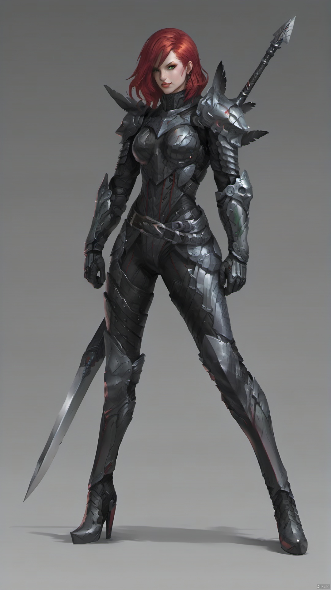 ash, 1girl, solo, holding, red hair, dual wielding, weapon, green eyes, full body, shoulder armor, armor, sword, looking at viewer, gauntlets, holding weapon, gradient, boots, gradient background, pauldrons, bodysuit, feathers, breasts, short hair, standing, belt, thigh gap, holding sword, grey background, vambraces, red lips, lips, black footwear, hair ornament
