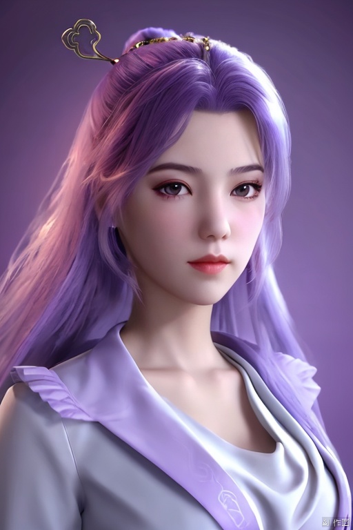 1girl,brown eyes,closed mouth,collarbone,lips,long hair,looking at viewer,purple eyes,purple hair,realistic,simple background,solo,upper body,white background