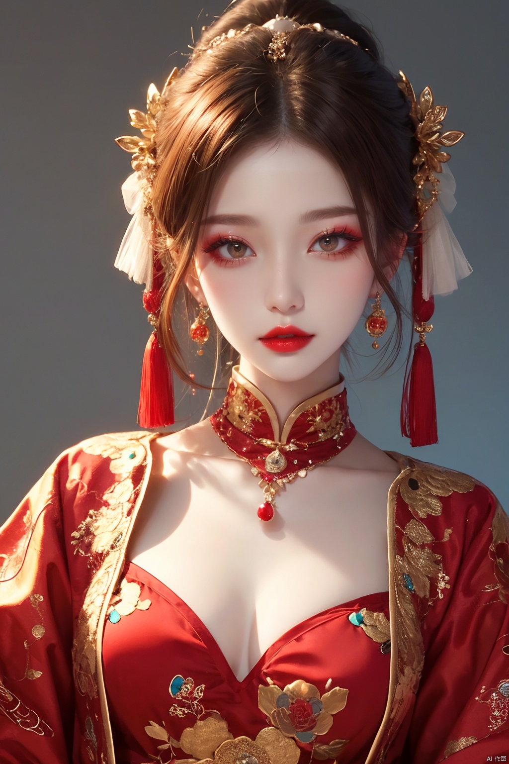  1girl,red lips,eye-shadow,jewelry,Chinese style