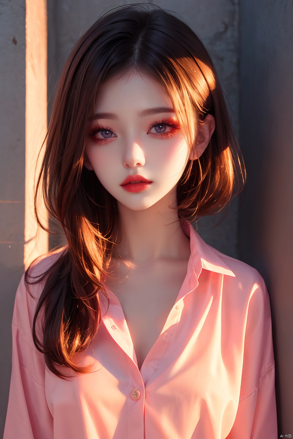  1girl,collared shirt,wall,afterglow,Sunset,eye-shadow