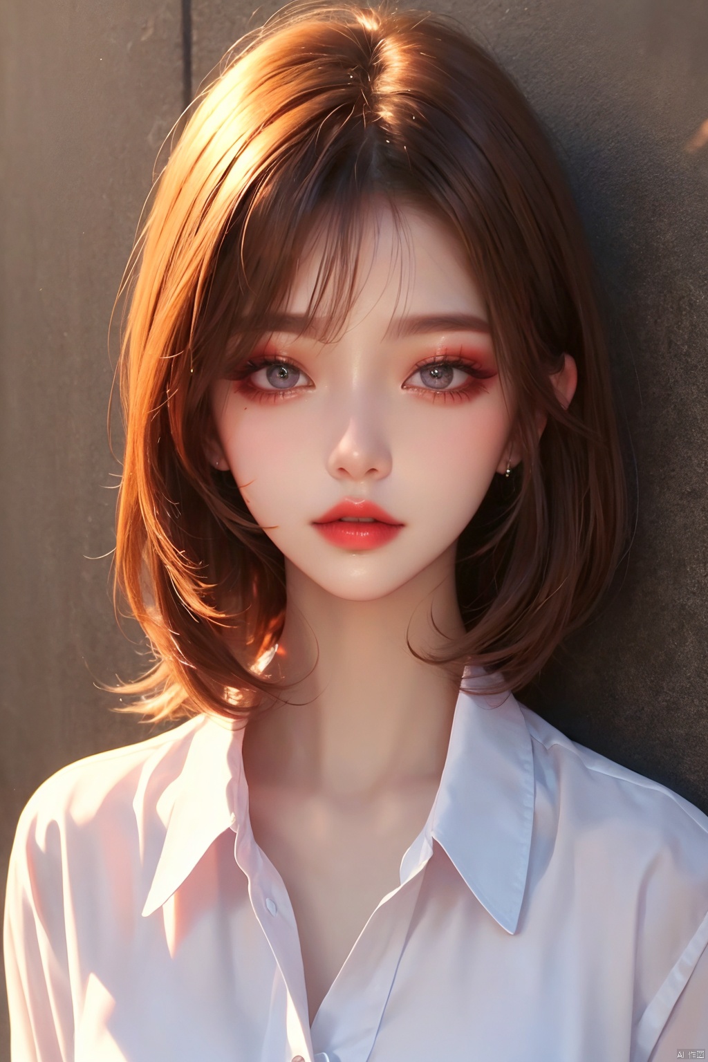  1girl,collared shirt,wall,afterglow,Sunset,eye-shadow