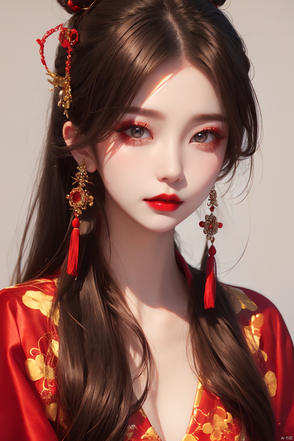  1girl,red lips,eye-shadow,jewelry,Chinese style