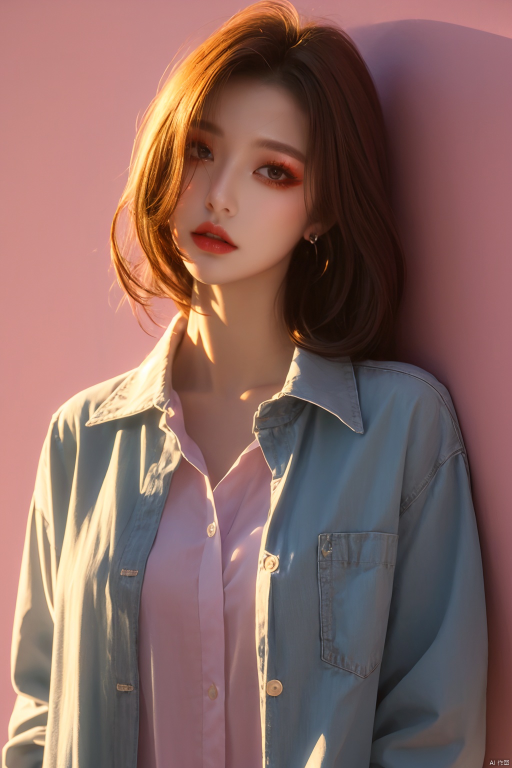  1girl,collared shirt,wall,afterglow,Sunset,eye-shadow