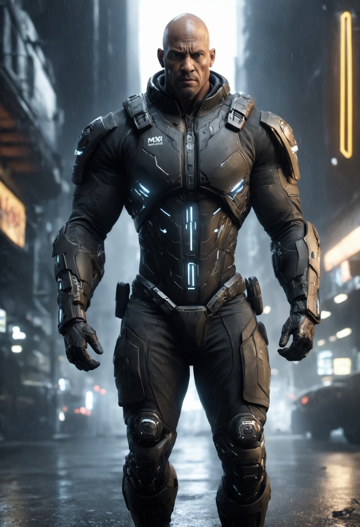 DonMU17r4G34rXL (masterpiece, best quality,detailed light), scifi, tech,cyberpunk,  male firefighter, cybernetic mercenaries, human mercenaries with cybernetic implants and body augmentations, late twenties well-proportioned, maori, golden eyes, split ears, round nose,    uneven forehead, oval face shape,    , brunette bald head hair, surprise, ready for action, character crouches with legs bent, ready to spring into action,  wearing data flow print    cinnamonbrown bionic exoskeleton leggings,  cyber-satin hoodie,      , elevated jump, character leaps into the air with legs extended, displaying enhanced jumping ability, rain-soaked streets with neon reflections, dilapidated buildings with flickering neon signs,   (highres, 4k, 8k, intricate detail, cinematic lighting, amazing quality, amazing shading, soft lighting, Detailed Illustration, wallpaper),    <lora:Perfect Hands v2> <lora:SDXL\DetailedEyes_V3> <lora:myLoraXL_test\DonMU17r4G34rXL-000008:0.8>,