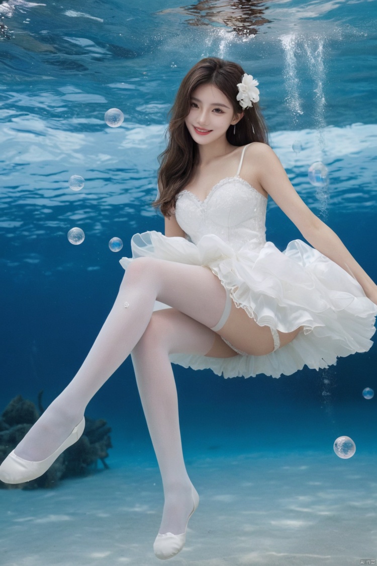  finely detail,masterpiece,best quality,incredibly absurdres,4k,
1girl,wedding_dress,((white stockings)),smile,
full body,underwater, Floating hair,swimming,bent_over,Floating in water, bubbles, foam, hubg_beauty_girl