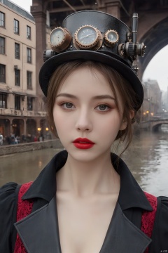  ((masterpiece)),((best quality)),((high detial)),((realistic,)), Industrial age city, deep canyons in the middle, architectural streets, bazaars, Bridges, rainy days, steampunk, European architecture, A mature face,sideways glance, (cold attitude,eyeshadow,eyeliner:0.9),(red lips:1.3),watery eyes, (nsfw), looking at viewer,