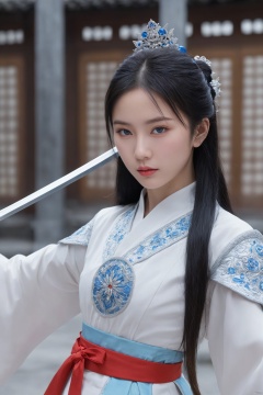 photorealistic,portrait of hubggirl, 
(ultra realistic,best quality),photorealistic,Extremely Realistic, in depth, cinematic light,

The girl wields a sword, dynamic transfer, sword fighting movements, jumps, lunges, freestanding, movements visible. The sword is long and delicate This woman is beautiful, Chinese. 17 years old, black hair. Long hair, traditional Chinese hairstyle. Full, pink lips. Long eyelashes, very bright blue eyes. The lens is wide-angle and you can see the details of the scene.,Chinese_armor,full_body,

perfect hands,perfect lighting, vibrant colors, intricate details, high detailed skin, pale skin, intricate background, realism,realistic,raw,analog,portrait,photorealistic, taken by Canon EOS,SIGMA Art Lens 35mm F1.4,ISO 200 Shutter Speed 2000,Vivid picture,hubggirl,hubg_mecha_girl