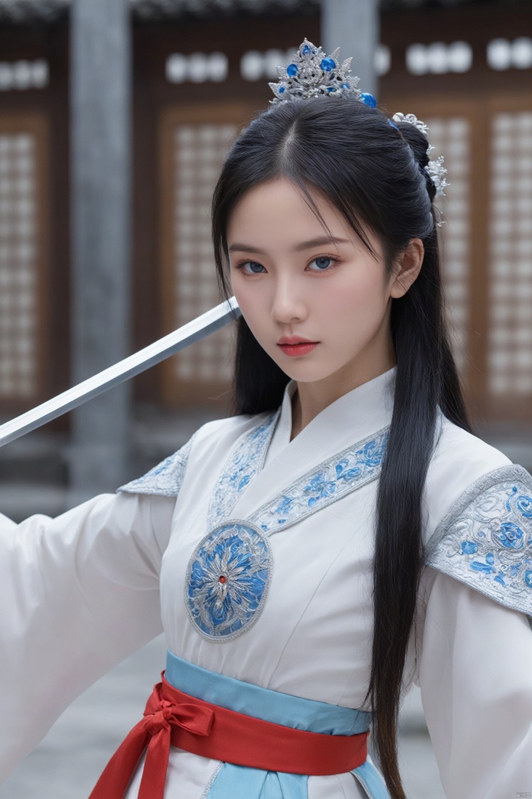 photorealistic,portrait of hubggirl, 
(ultra realistic,best quality),photorealistic,Extremely Realistic, in depth, cinematic light,

The girl wields a sword, dynamic transfer, sword fighting movements, jumps, lunges, freestanding, movements visible. The sword is long and delicate This woman is beautiful, Chinese. 17 years old, black hair. Long hair, traditional Chinese hairstyle. Full, pink lips. Long eyelashes, very bright blue eyes. The lens is wide-angle and you can see the details of the scene.,Chinese_armor,full_body,

perfect hands,perfect lighting, vibrant colors, intricate details, high detailed skin, pale skin, intricate background, realism,realistic,raw,analog,portrait,photorealistic, taken by Canon EOS,SIGMA Art Lens 35mm F1.4,ISO 200 Shutter Speed 2000,Vivid picture,hubggirl,hubg_mecha_girl