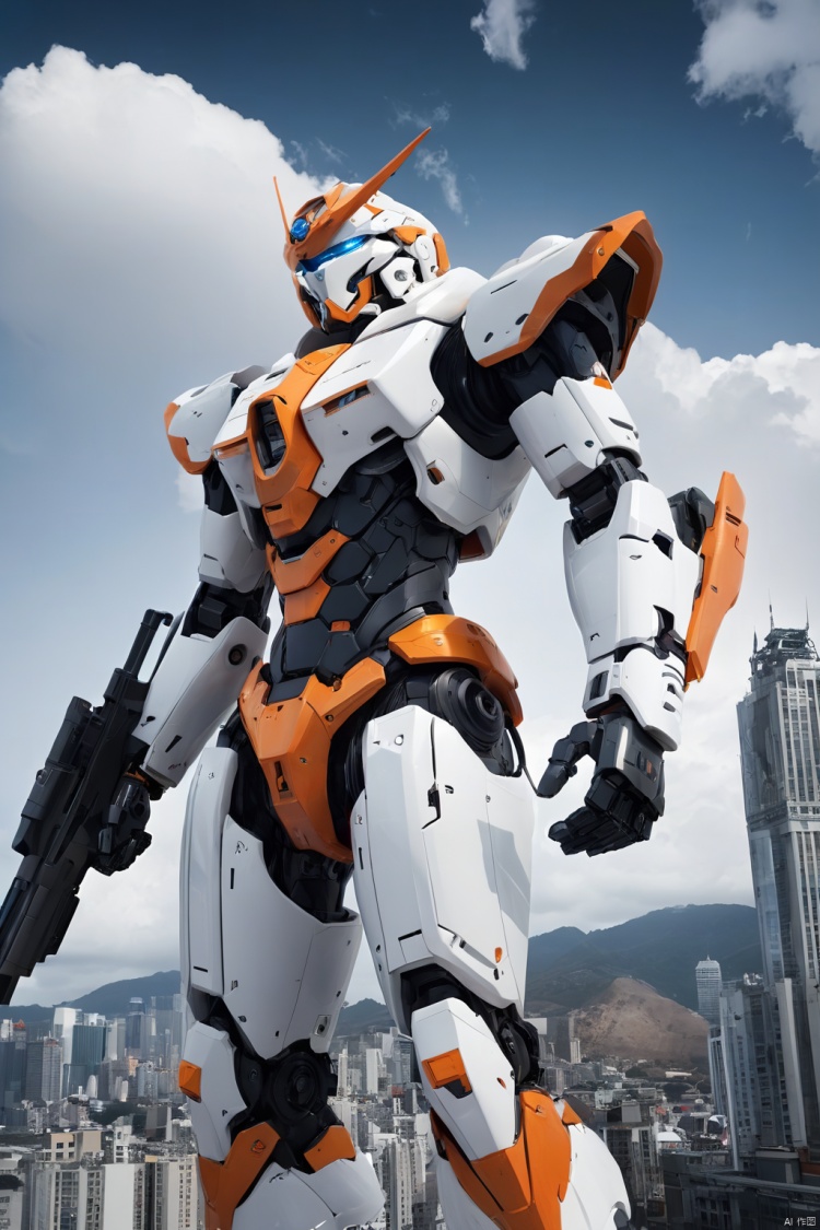  (masterpiece, best quality:1.2), Giant mecha, Vital Suits , building, city, city lights, cityscape, cloud, cloudy sky, destruction, evening, glowing, Luminous mecha, Complex mecha structure, White, orange, and black mecha, Strong mecha body, Multi light source mecha, Giant mecha firearms, full body, Super complex mechanical structure, holding gun, mecha, mountain, no humans, outdoors, power armor, realistic, ruins, science fiction, sky, skyline, skyscraper, smoke, weapon,