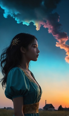  1girl, (from side), (silhouette:1.2), profile, big hair, masterpiece, best quality, light particle, depth of field, field, scenery, fantasy, indigo light, (far away:1.1), cute girl, midriff, tribal sash, pastel colors, chromatic aberration, glow in the dark dark, cloudy sky, space, orange aura, aura, cinematic, dark atmosphere, night , dark hole, glowing eyes, teal light, illumination, light rays, eye in the sky, (grass:0.9), falling petals, oniric portrait of a tall cloaked figure with a white mask, Azem the Traveler, yearning to explore the ends of the world to discover its wonders and help its denizens, by Andy Kehoe, a gradient masterpiece, blue cyan yellow, Rococopunk, luminism, seamless, China ink, Ink Bubbles, Gold leaf lines, alcohol ink elements, curved lines, cinematic, realism, chiaroscuro, Shadow play, Gold leaf small lines, bright splashes of alcohol ink puddles, volumetric light, auras, rays of sunlight, bright colors reflect, isometric, digital art, smog, pollution, toxic waste, chimneys and railroads, 3d render, octane render, volumetrics, by greg rutkowski, anime style