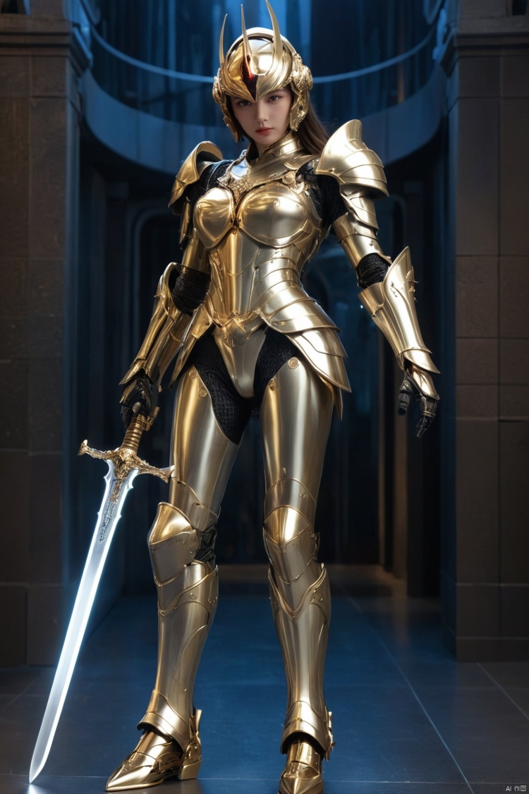  amazing quality, masterpiece, best quality, hyper detailed, ultra detailed, UHD, perfect anatomy, (in castle:1.2), girl knight, holding a sword, dazzling ,transparent ,polishing, (1 arm up), waving sword, gold armor, glowing armor, glowing eyes, full armor, shine armor, dazzling armor, extremely detailed, ral-bling, HUBG_Mecha_Armor,HDR, IMAX, 8K resolutions, ultra resolutions, magnificent, best quality, masterpiece,cinematic scenes, cinematic shots, cinematic lighting, volumetric lighting, ultra-detailed