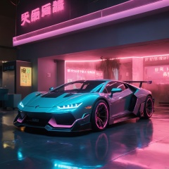  ultra highres, masterpiece, best quality, , car, from side, , cyberpunk, neon lights, pink theme, indoors, transparent, HUBG_Chinese_Jade