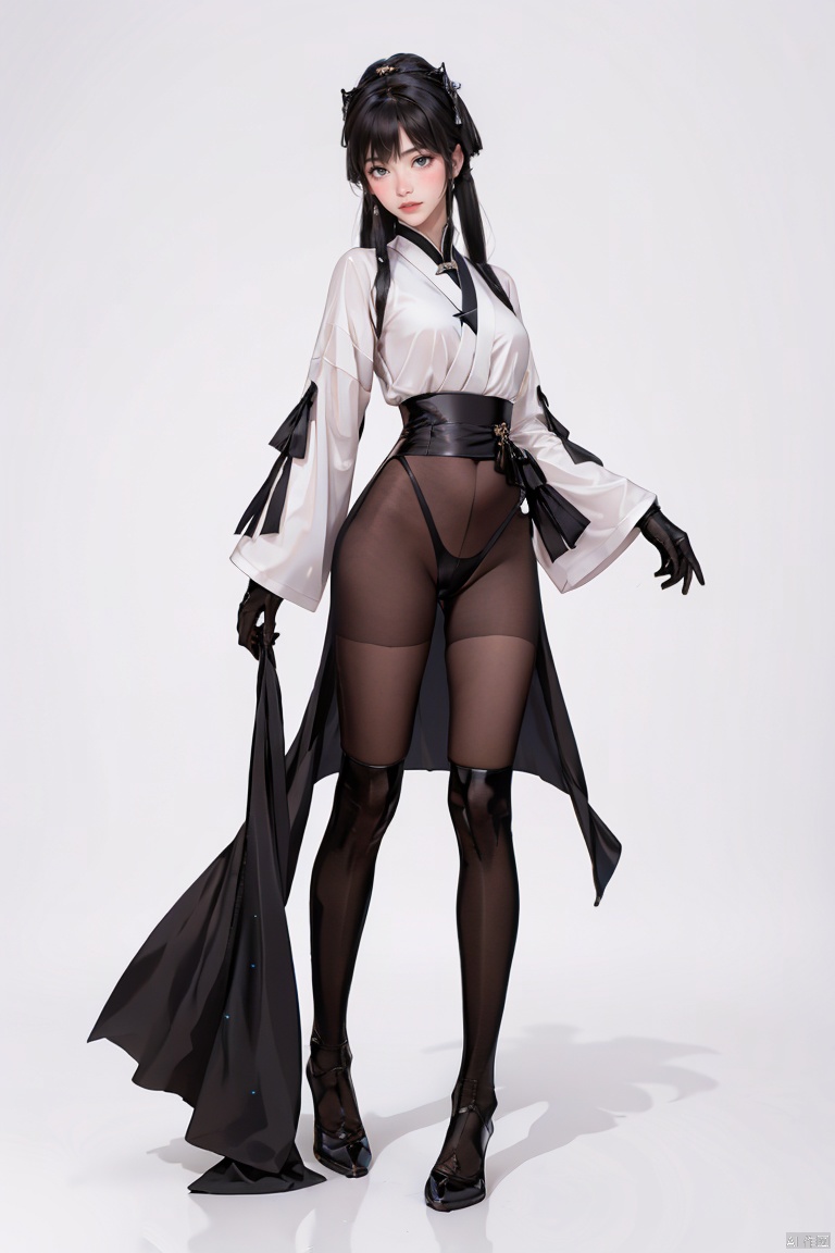  1girl, white theme, black hair, sparkling eyes, (Detailed eyes:1.2), standing, foot, feet, black pantyhose, black amour, han style