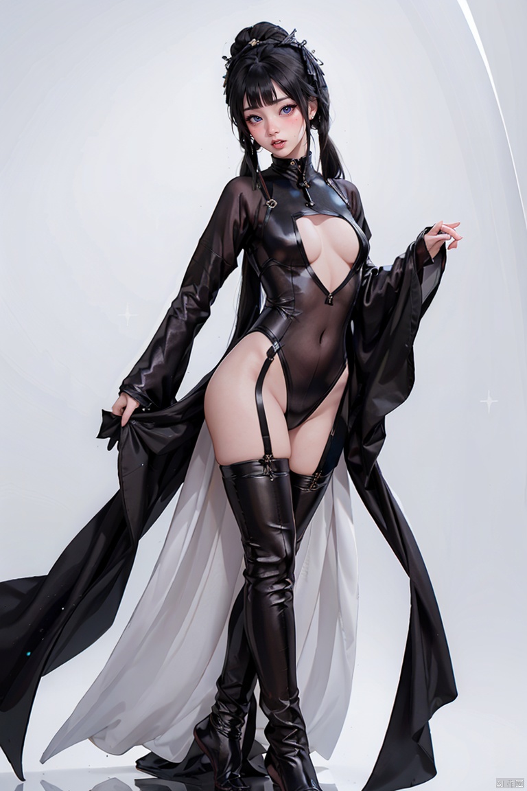  1girl, white theme, black hair, sparkling eyes, (Detailed eyes:1.2), standing, barefoot, black bodysuit, zskj, black amour, SGZ2, han style