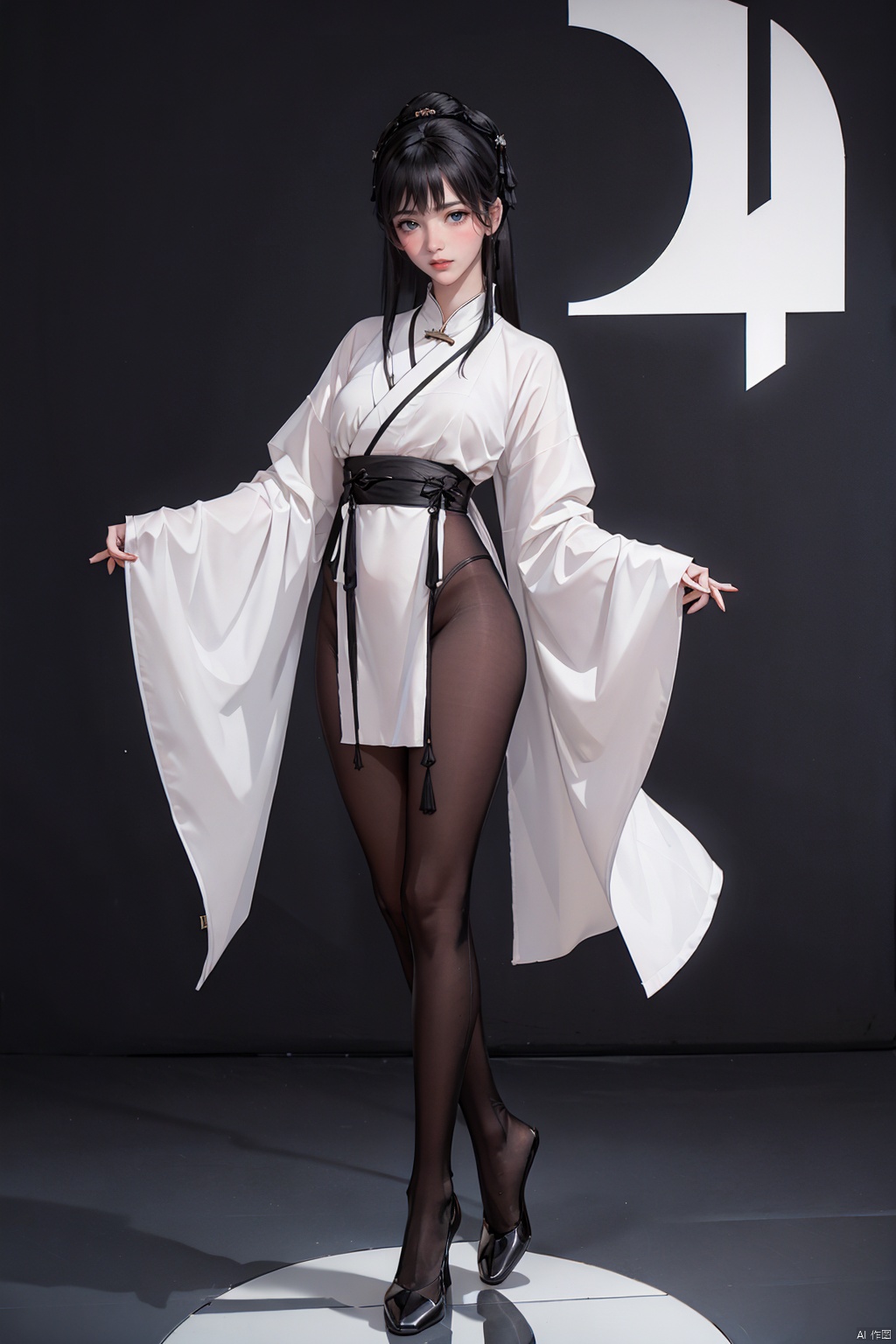  1girl, white theme, black hair, sparkling eyes, (Detailed eyes:1.2), standing, foot, feet, black pantyhose, black amour, han style