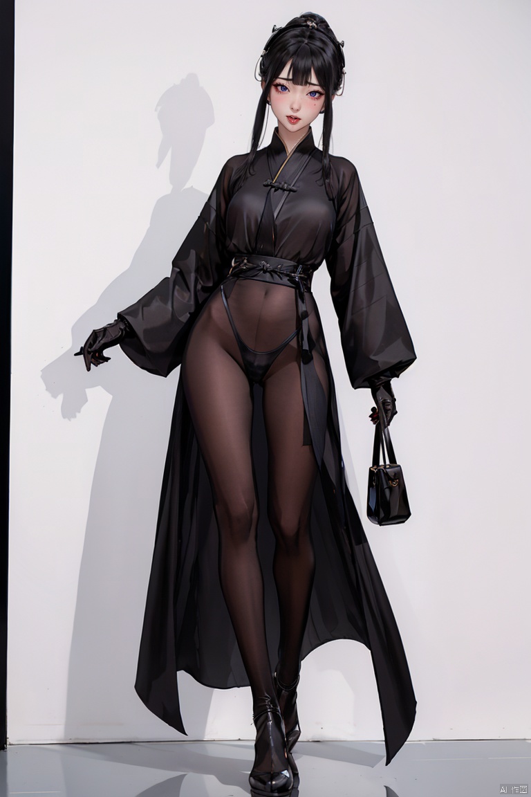  1girl, white theme, black hair, sparkling eyes, (Detailed eyes:1.2), standing, foot, feet, black pantyhose, black amour, han style