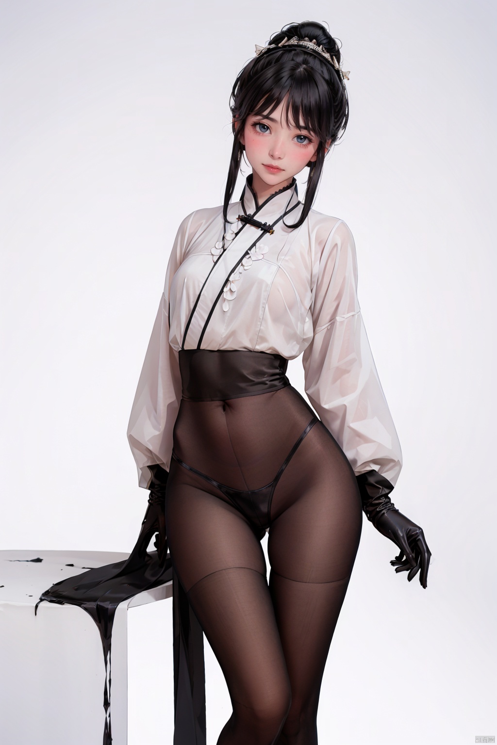  1girl, white theme, black hair, sparkling eyes, (Detailed eyes:1.2), standing, foot, feet, black pantyhose, black amour, han style