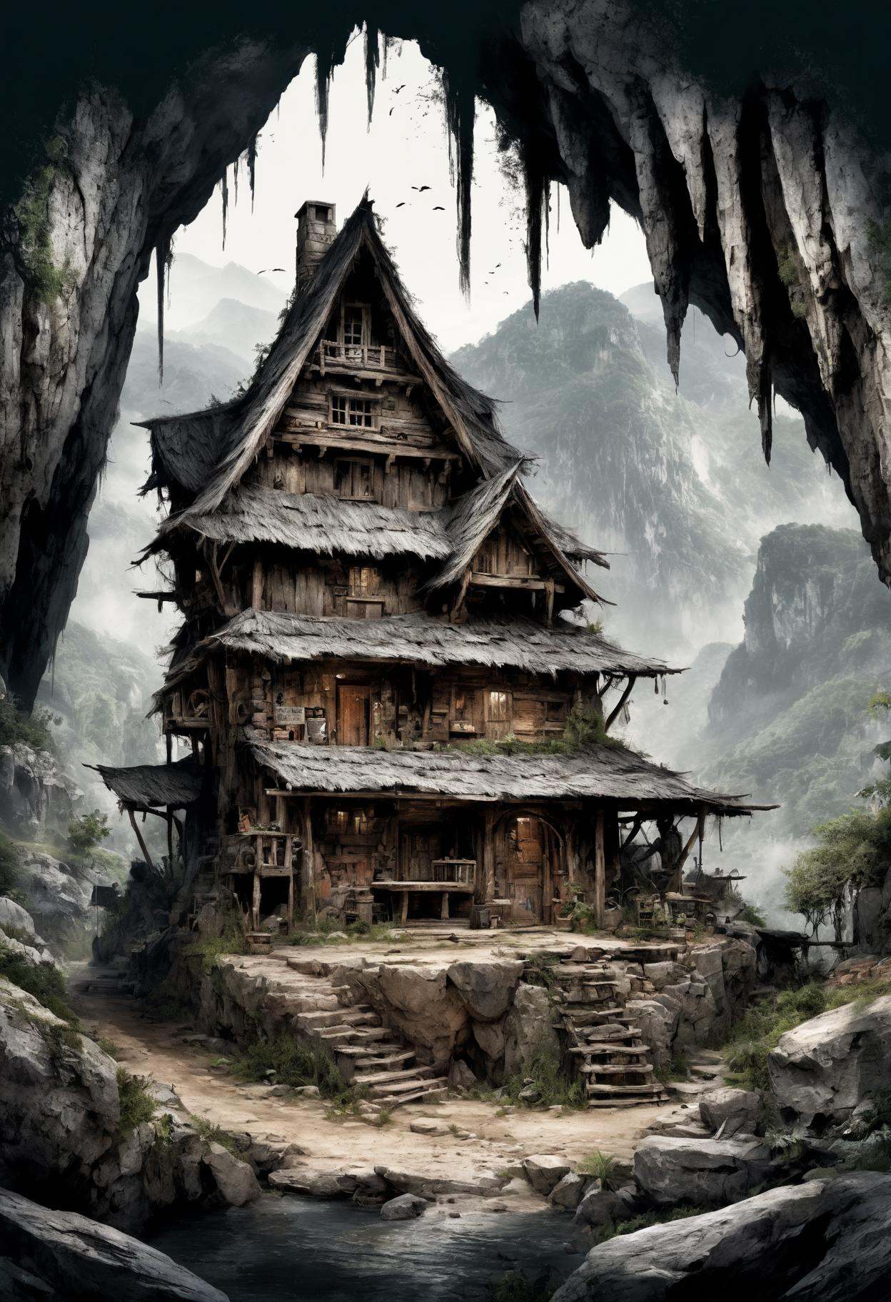 DonMB14ckB377yXL (masterpiece,  best quality),  mountain village dwelling in cave biome by DonMischo on Tensor.Art