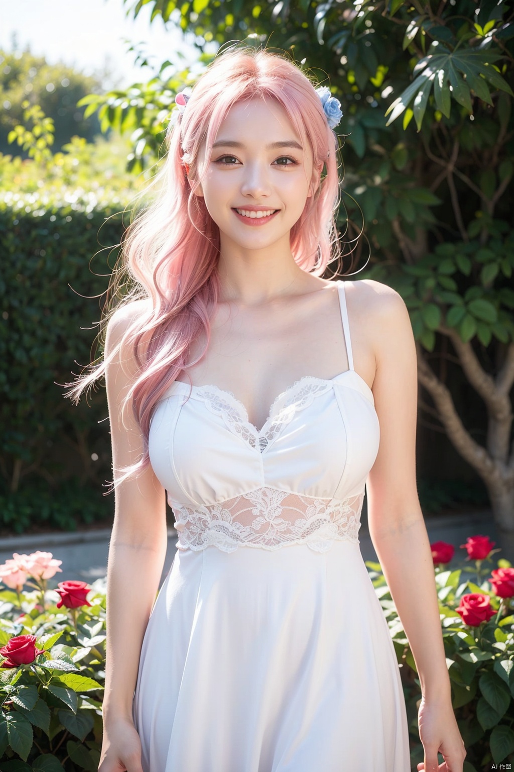realistically, A high resolution, gentlesoftlighting, (Only 1 piece:1.5),(1 female 1:1.5), Huge big breasts,Skin glows, delicate skin, Alone, Lift your hips slightly, looking at the viewer only, laughing joyfully,(Detailed faces), White hair, high ponytails,Pink hair accessories,Long white hair,blue color eyes, Sheer tulle bandeau dress,The clothes are transparent,The background is the garden（Full of colorful roses）