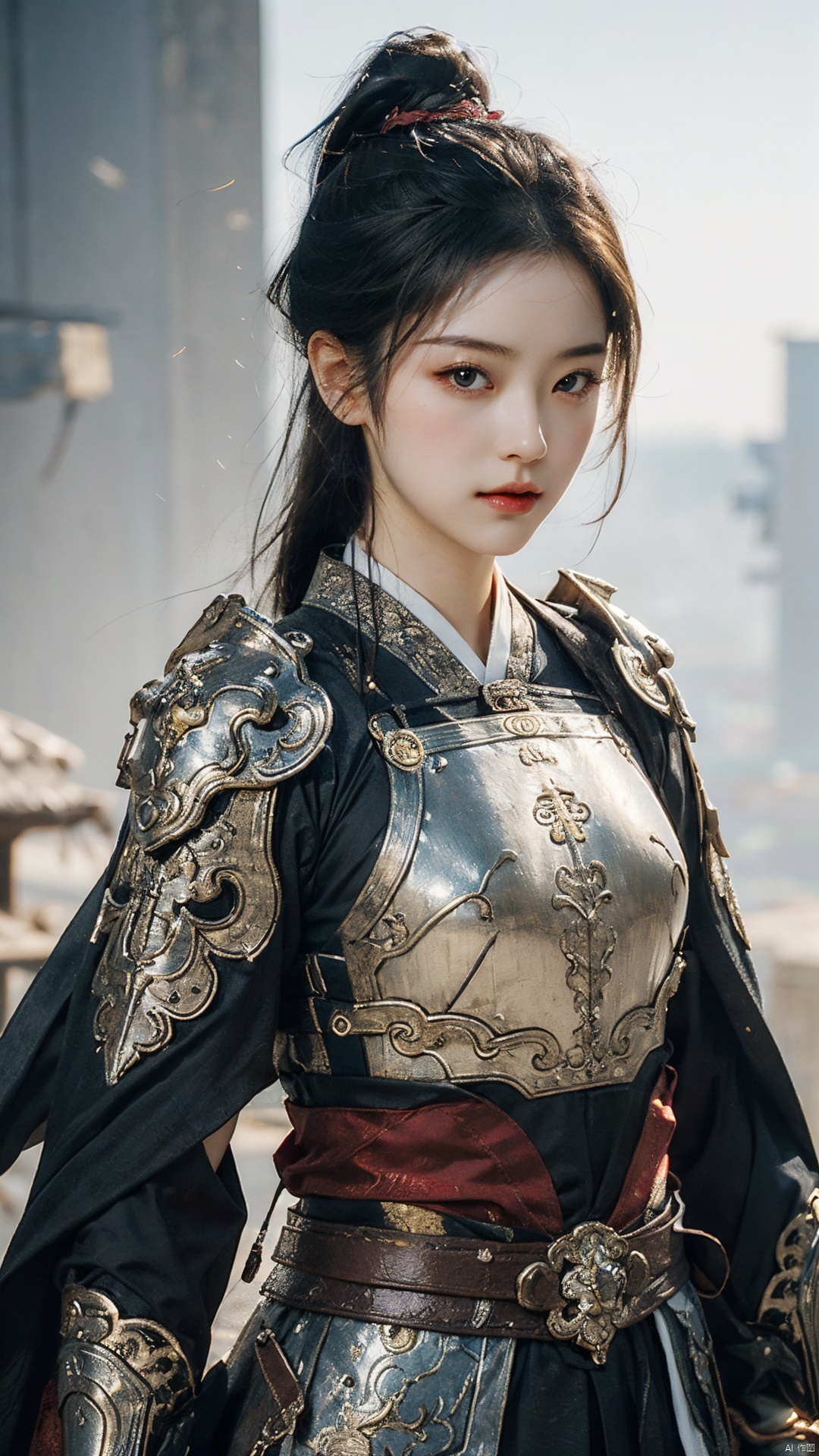  masterpiece,best quality,1girl, beautiful chinese girl, (beautiful detailed armor), (beautiful detailed hanfu), black eyes,see-through,
Game art,The best picture quality,Highest resolution,8K,(Head close-up),(Rule of thirds),(Female Warrior),
An eye rich in detail,(knightess),Elegant and noble,indifferent,brave,bandeau top,pauldron,gardebras,
(Ancient runes of light,Combat accessories with rich details,Metallic luster)
(super fucking cool:1.2)