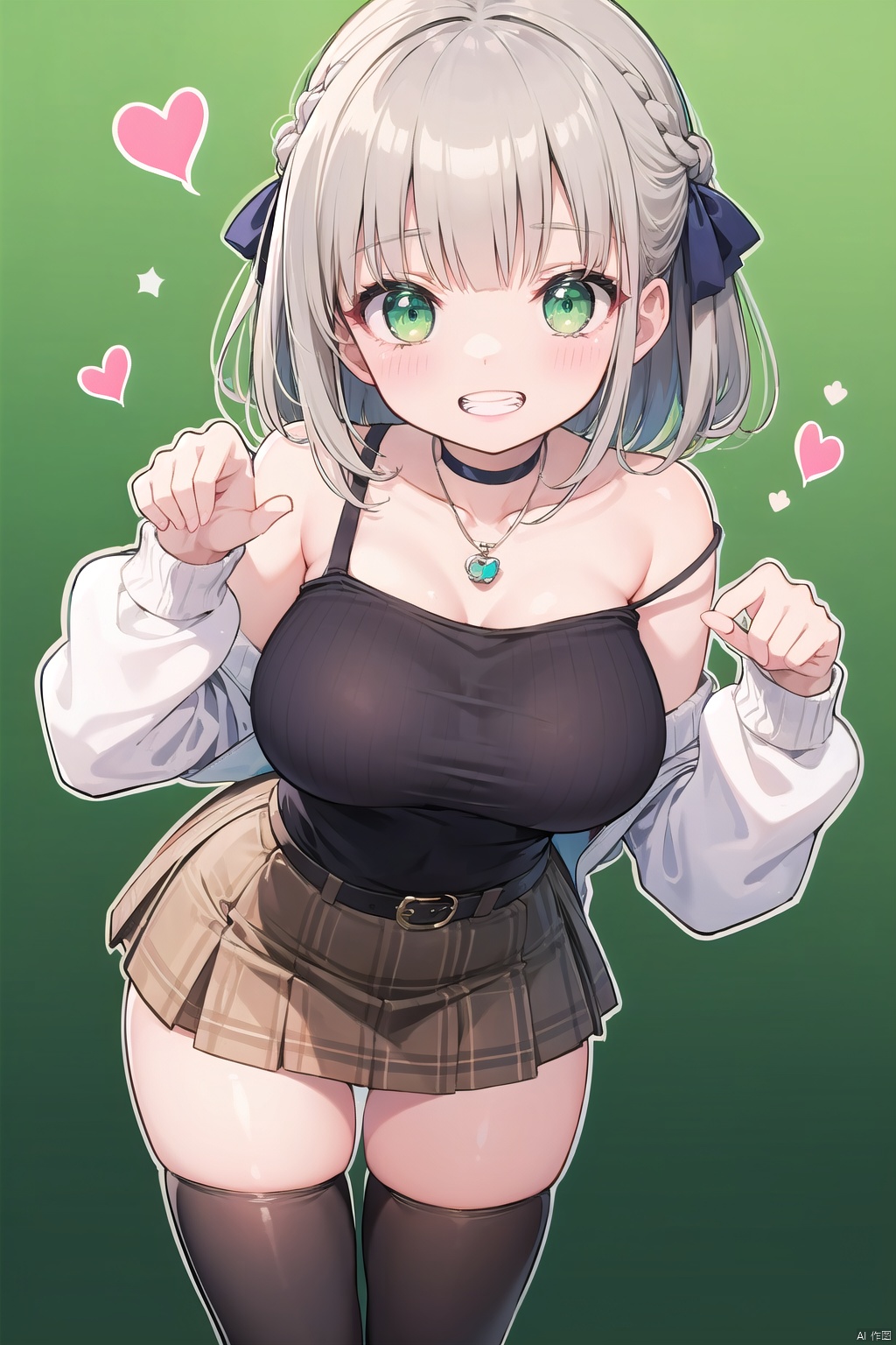  masterpiece,1girl, :d, belt buckle, black choker, black **** top, blue ribbon, blunt bangs, blush, braid, breasts, brown skirt, buckle, choker, choppy bangs, collarbone, dot nose, fanged bangs, french braid, gradient background, green background, green eyes, grey hair, grid, grin, hair ribbon, half updo, heart, high-waist skirt, looking at viewer, miniskirt, off shoulder, open mouth, outline, parted hair, paw pose, plaid, plaid skirt, ribbed sweater, ribbon, skirt, smile, snowflake pendant, solo, sweater, **** top, teeth, thighs, white outline, white sweater, sparkle,zettai ryouiki