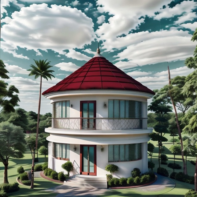 A round house,  2 floors,  Conical ((((red)))) tile roof on Tensor.Art