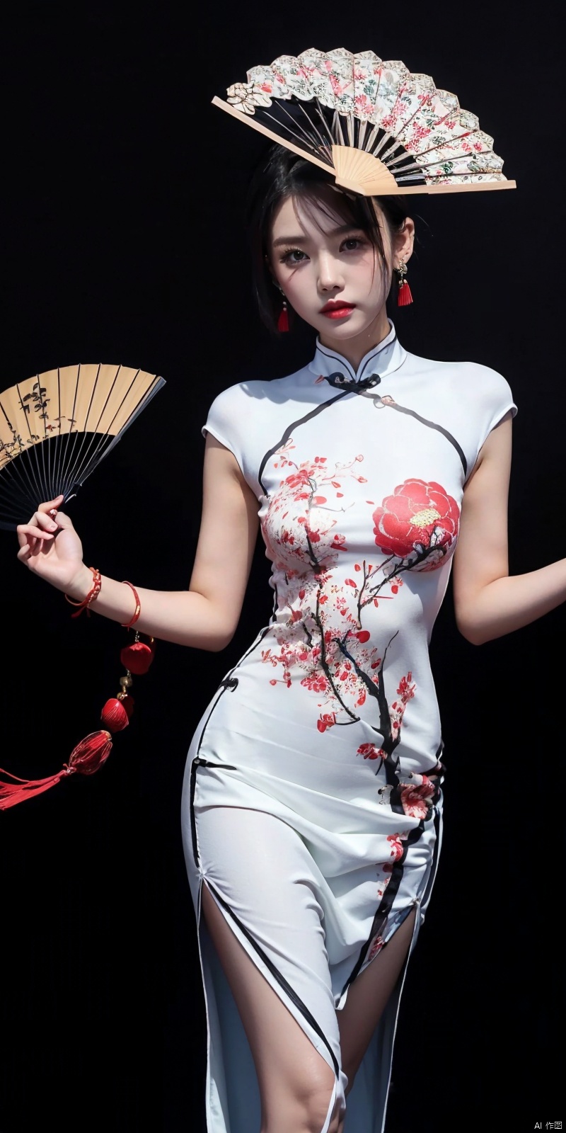  best quality, masterpiece,body painting, 1girl, solo, jewelry, dress, earrings, black hair, black background, hand fan, chinese clothes, holding, holding fan, china dress, simple background, bracelet, white dress, short hair,bodysuit