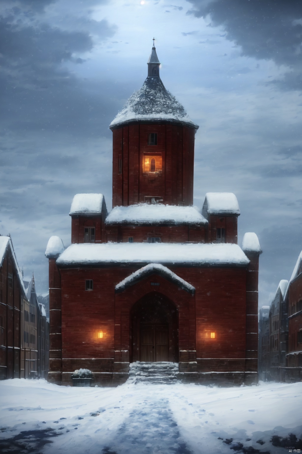  ((HRD, HUD, 8K)),((masterpiece, best quality)), highly detailed, soft light,
Castle, scenery, no humans, snow, tree, castle, outdoors, tower, night, snowing, sky, building, winter,