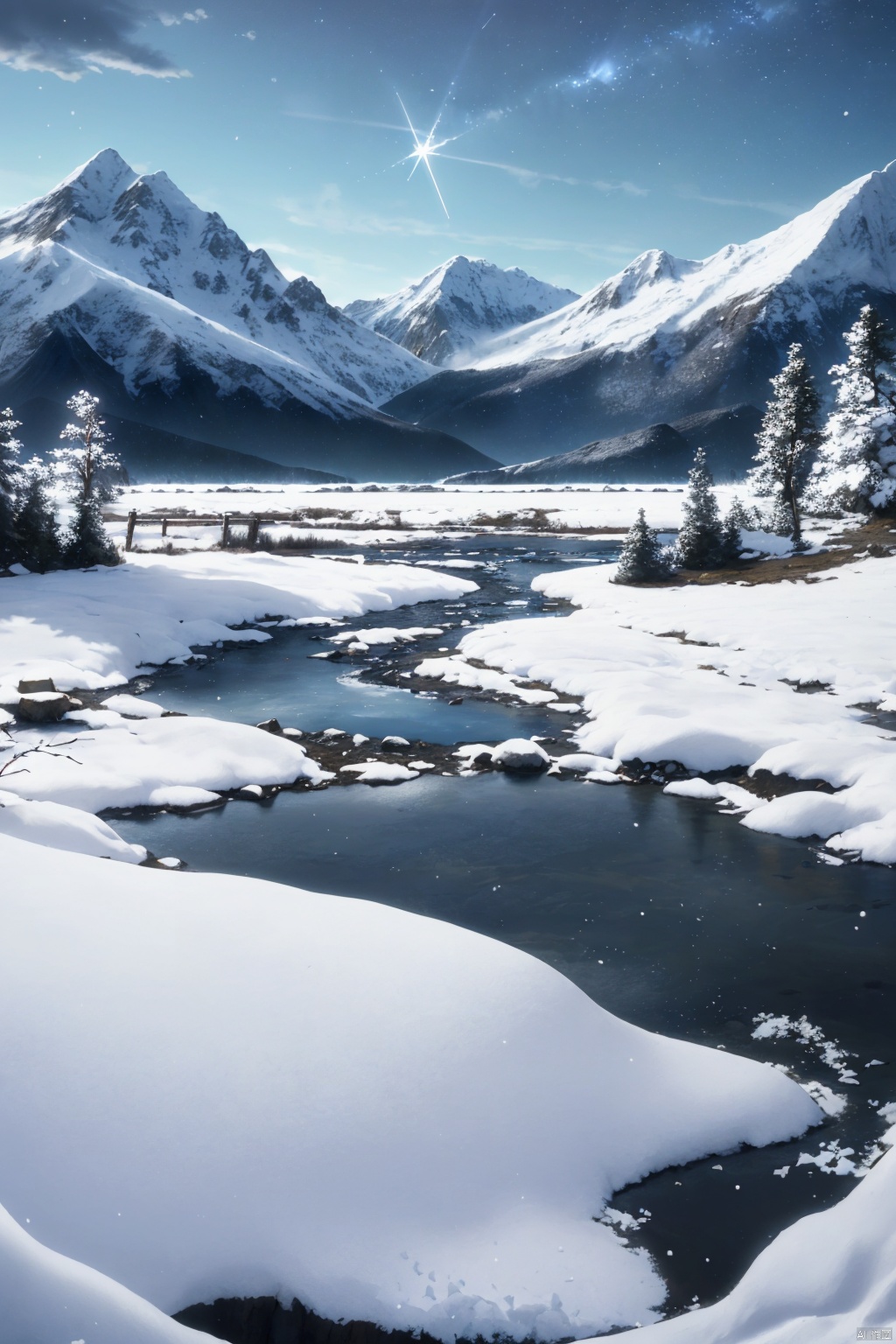  {{{masterpiece}}}, {{the best quality, super fine illustrations, beautiful and delicate water}}, {{very delicate light}}, {{nature, painting}}, {{fine lighting, more transparent stars, high-quality snowflakes, high-quality mountains, very fine 8KCG wallpapers}}, (plateau), (((snow mountain))), sunrise, randomly distributed clouds, (snow field), cliff, ((rotating star sky)), ((lake in mountain stream)), luminous particles