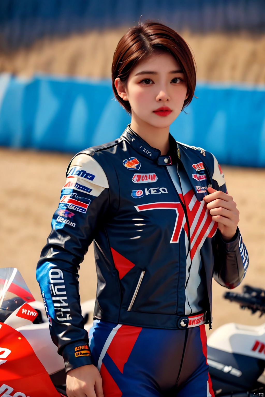  (A beautiful girl wearing a MOTOGP racing professional leather jacket). Delicate features. {Short hair}. Side face standing half body. Very handsome. Very real. Cinematic sense. Texture enhancement. 3D effect. (4K)