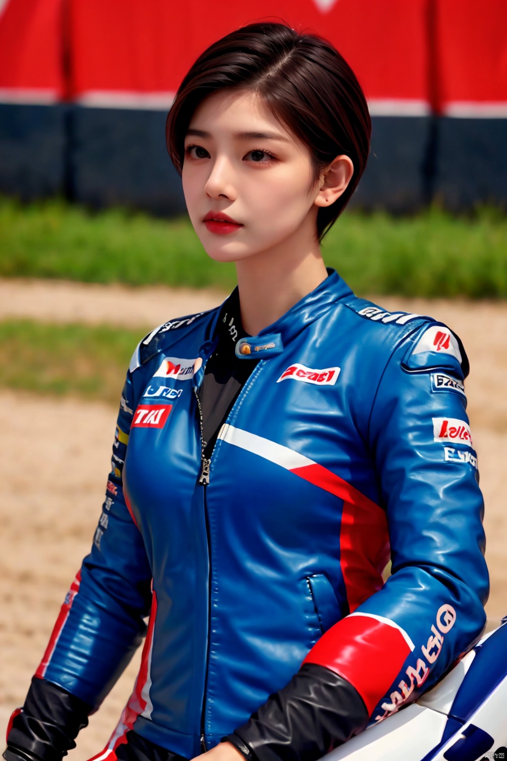  (A beautiful girl wearing a MOTOGP racing professional leather jacket). Delicate features. {Short hair}. Side face standing half body. Very handsome. Very real. Cinematic sense. Texture enhancement. 3D effect. (4K)