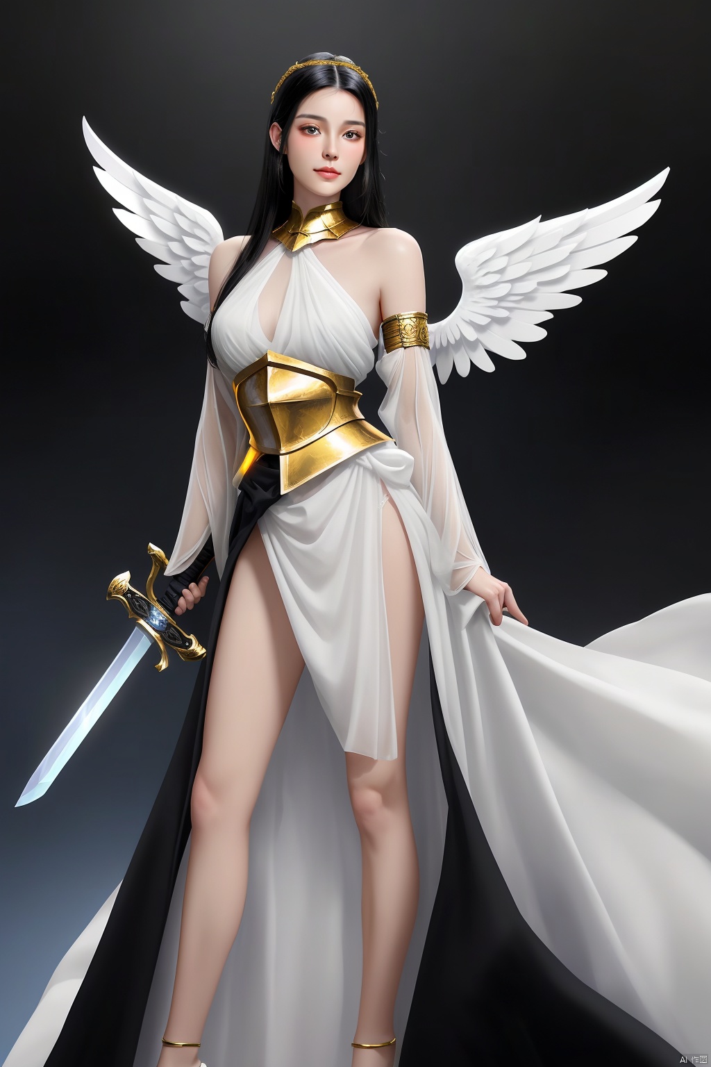  A beautiful and gentle girl with a long golden sword fought with a man,The man was scarred with blood, and the girl wore a white gauze skirt,Her gauze dress was not stained with blood,pThere was no blood on her body. She had long black hair.,
The man's face is particularly ugly and sallow with wrinkles, while the girl's skin is white and tender, She was wearing gold, fine armor,
and her legs are beautiful.Look from a distance,
She has a bunch of beautiful and delicate White angel wings behind her, and she is an angel sister
, the Girl , the man Fight and kill ,The man was injured and fell to the ground,The man's armor was broken and scarred ,He fell to the ground , She straightened up and pointed her sword at him.