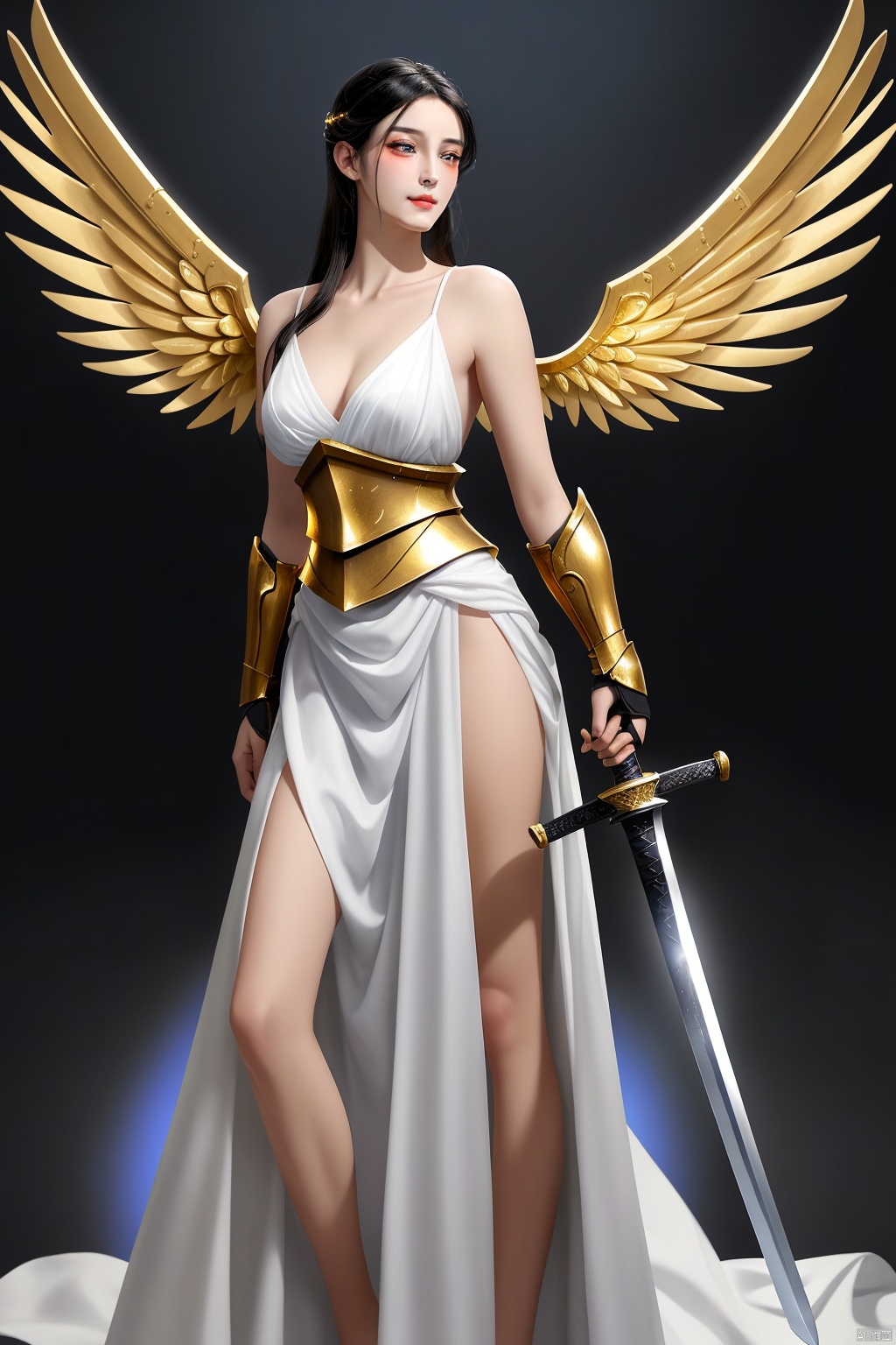  A beautiful and gentle girl with a long golden sword fought with a man,The man was scarred with blood, and the girl wore a white gauze skirt,Her gauze dress was not stained with blood,pThere was no blood on her body. She had long black hair.,
The man's face is particularly ugly and sallow with wrinkles, while the girl's skin is white and tender, She was wearing gold, fine armor,
and her legs are beautiful.Look from a distance,
She has a bunch of beautiful and delicate White angel wings behind her, and she is an angel sister
, the Girl , the man Fight and kill ,The man was injured and fell to the ground,The man's armor was broken and scarred ,He fell to the ground , She straightened up and pointed her sword at him.