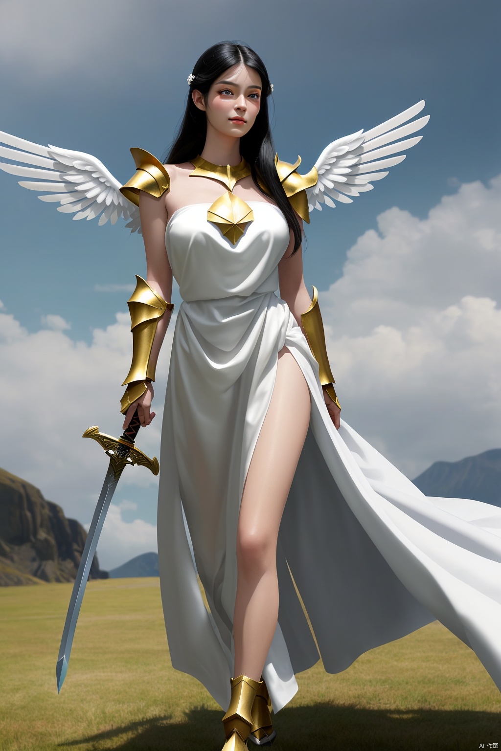  A beautiful and gentle girl with a long golden sword fought with a man,The man was scarred with blood, and the girl wore a white gauze skirt,Her gauze dress was not stained with blood,pThere was no blood on her body. She had long black hair.,
The man's face is particularly ugly and sallow with wrinkles, while the girl's skin is white and tender, She was wearing gold, fine armor,
and her legs are beautiful.Look from a distance,
She has a bunch of beautiful and delicate White angel wings behind her, and she is an angel sister
, the Girl , the man Fight and kill ,The man was injured and fell to the ground,The man's armor was broken and scarred ,He fell to the ground , She straightened up and pointed her sword at him.