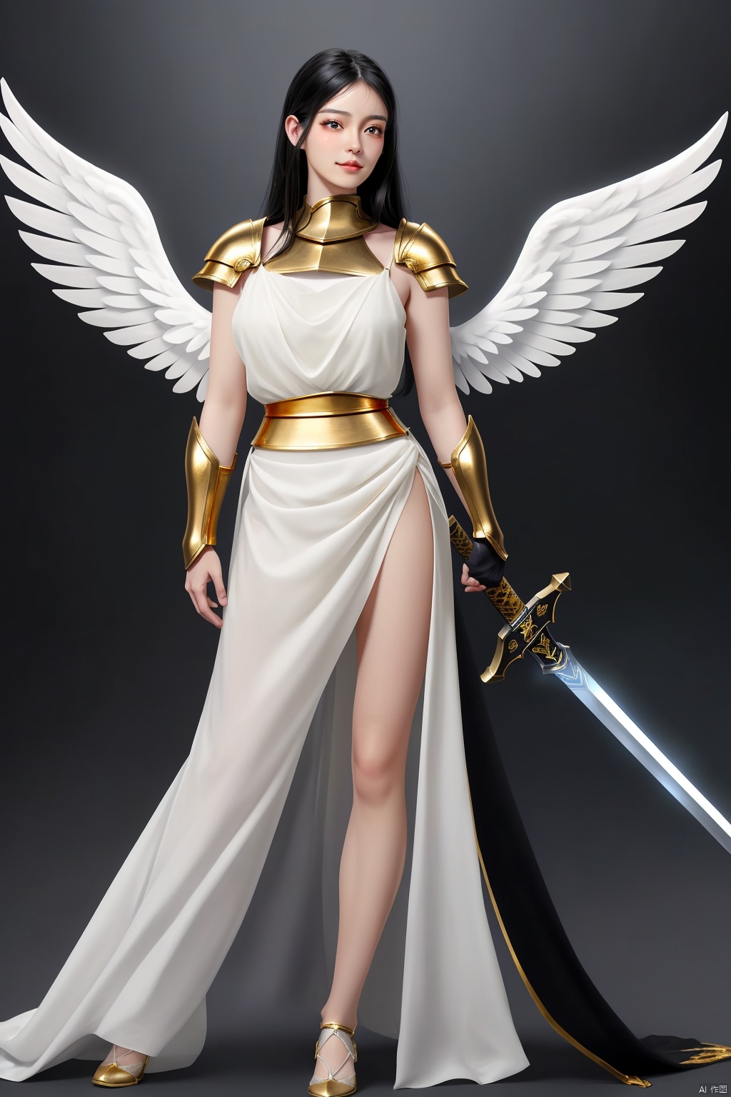  A beautiful and gentle girl with a long golden sword fought with a man,The man was scarred with blood, and the girl wore a white gauze skirt,Her gauze dress was not stained with blood,pThere was no blood on her body. She had long black hair.,
The man's face is particularly ugly and sallow with wrinkles, while the girl's skin is white and tender, She was wearing gold, fine armor,
and her legs are beautiful.Look from a distance,
She has a bunch of beautiful and delicate White angel wings behind her, and she is an angel sister
, the Girl , the man Fight and kill ,The man was injured and fell to the ground,The man's armor was broken and scarred ,He fell to the ground , She straightened up and pointed her sword at him.