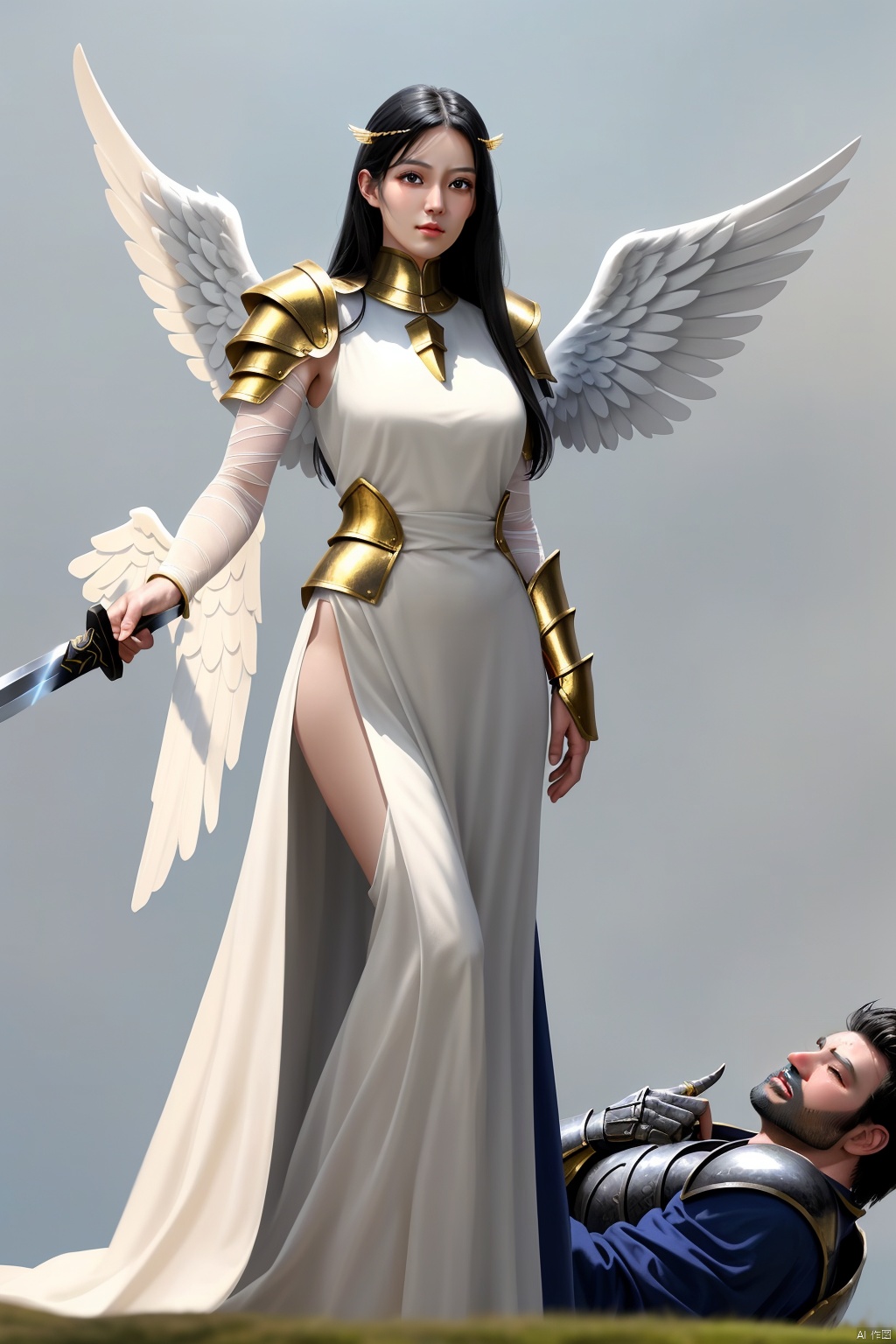  A beautiful and gentle girl with a long golden sword fought with a man,The man was scarred with blood, and the girl wore a white gauze skirt,Her gauze dress was not stained with blood,pThere was no blood on her body. She had long black hair.,
The man's face is particularly ugly and sallow with wrinkles, while the girl's skin is white and tender, She was wearing gold, fine armor,
and her legs are beautiful.Look from a distance,
She has a bunch of beautiful and delicate White angel wings behind her, and she is an angel sister
, the Girl , the man Fight and kill ,The man was injured and fell to the ground,The man's armor was broken and scarred ,He fell to the ground , She straightened up and pointed her sword at him.