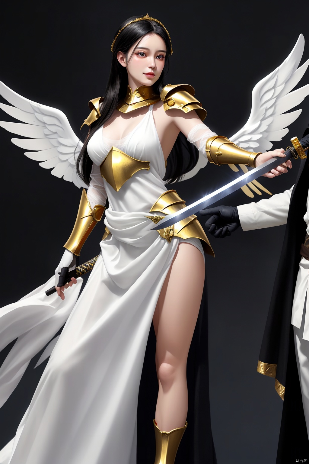  A beautiful and gentle girl with a long golden sword fought with a man,The man was scarred with blood, and the girl wore a white gauze skirt,Her gauze dress was not stained with blood,pThere was no blood on her body. She had long black hair.,
The man's face is particularly ugly and sallow with wrinkles, while the girl's skin is white and tender, She was wearing gold, fine armor,
and her legs are beautiful.Look from a distance,
She has a bunch of beautiful and delicate White angel wings behind her, and she is an angel sister
, the Girl , the man Fight and kill ,The man was injured and fell to the ground,The man's armor was broken and scarred ,He fell to the ground , She straightened up and pointed her sword at him.