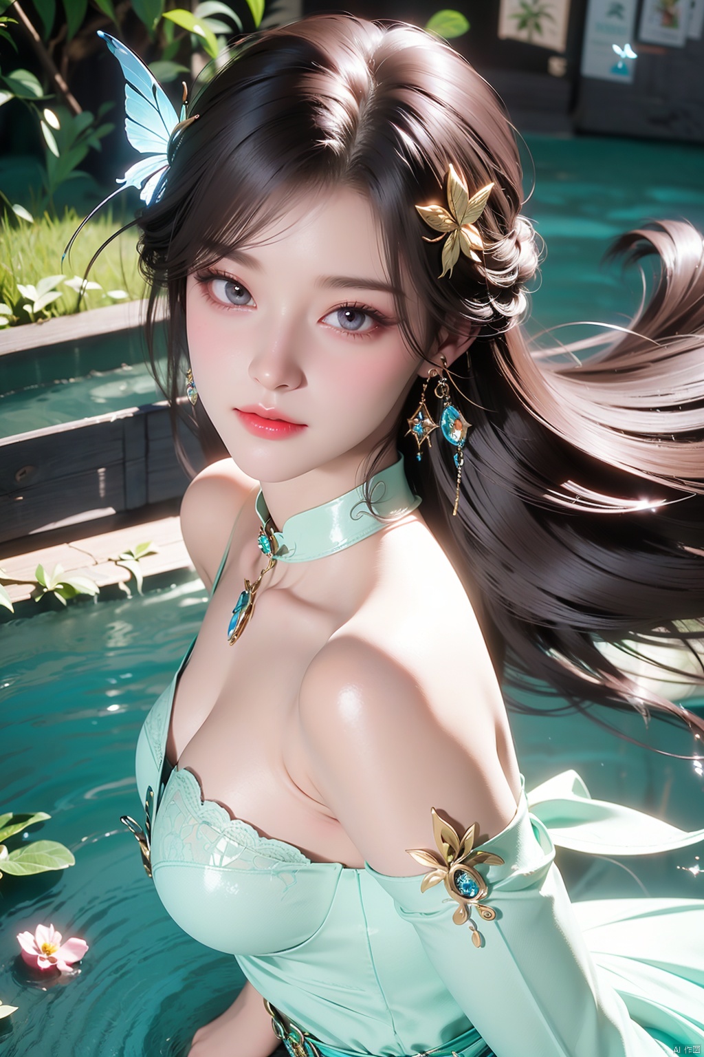  HDR, UHD, 8K, Highly detailed, best quality, masterpiece, 1girl, realistic, Highly detailed, (EOS R8, 50mm, F1.2, 8K, RAW photo:1.2), ultra realistic 8k cg,1 girl, solo focus,peafect body,Long hair,Messy hair,Bangs,hair between eyes,Sidelocks,Hair over shoulder,very long hair,shiny hair,floating hair,Bright eyes,big eyes,detailed eyes,beautiful eyes,hair ornament,hair flower,choker,frilled dress with lace,long dress,pleated dress,[loli],,outdoors,water,flower, in the ((sea of flowers)), flower field,meadow,beautiful detailed sky,feather,nature,(sunlight), skirt up,,moist skin, shiny skin, glossy skin, (best illumination, best shadow, extremely delicate and beautiful), perfect lighting, original, highres, dynamic angle, floating,depth of field, caustics,lens flare,warm lighting,(official art,beautiful and aesthetic:1.2),beautiful face, ultra detailed eyes, looking_at_viewer,kind smile,pose for picture,huolinger,, liuyifei, ((poakl)), Detail,wings,glint,glowing,(A crystal butterfly:1.4), XXE