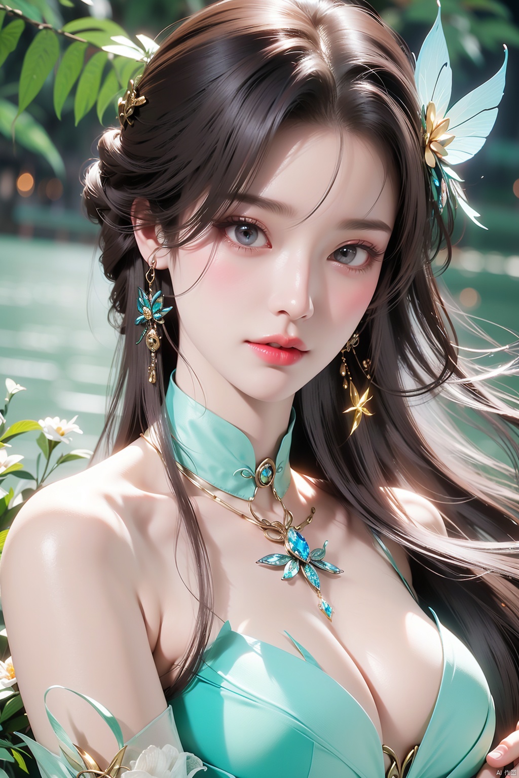  HDR, UHD, 8K, Highly detailed, best quality, masterpiece, 1girl, realistic, Highly detailed, (EOS R8, 50mm, F1.2, 8K, RAW photo:1.2), ultra realistic 8k cg,1 girl, solo focus,peafect body,Long hair,Messy hair,Bangs,hair between eyes,Sidelocks,Hair over shoulder,very long hair,shiny hair,floating hair,Bright eyes,big eyes,detailed eyes,beautiful eyes,hair ornament,hair flower,choker,frilled dress with lace,long dress,pleated dress,[loli],,outdoors,water,flower, in the ((sea of flowers)), flower field,meadow,beautiful detailed sky,feather,nature,(sunlight), skirt up,,moist skin, shiny skin, glossy skin, (best illumination, best shadow, extremely delicate and beautiful), perfect lighting, original, highres, dynamic angle, floating,depth of field, caustics,lens flare,warm lighting,(official art,beautiful and aesthetic:1.2),beautiful face, ultra detailed eyes, looking_at_viewer,kind smile,pose for picture,huolinger,, liuyifei, ((poakl)), Detail,wings,glint,glowing,(A crystal butterfly:1.4), XXE