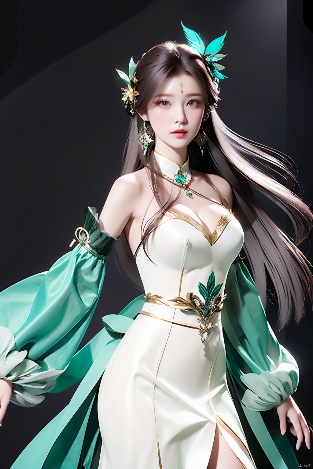  XXE,1 girl,solo,long hair,brown hair,black hair,hair ornament,dress,bare shoulders,jewelry,earrings,detached sleeves,white dress,facial mark,black background,forehead mark,vistas, gardens,forehead marks, forehead marks,Waist shot,((poakl)),
