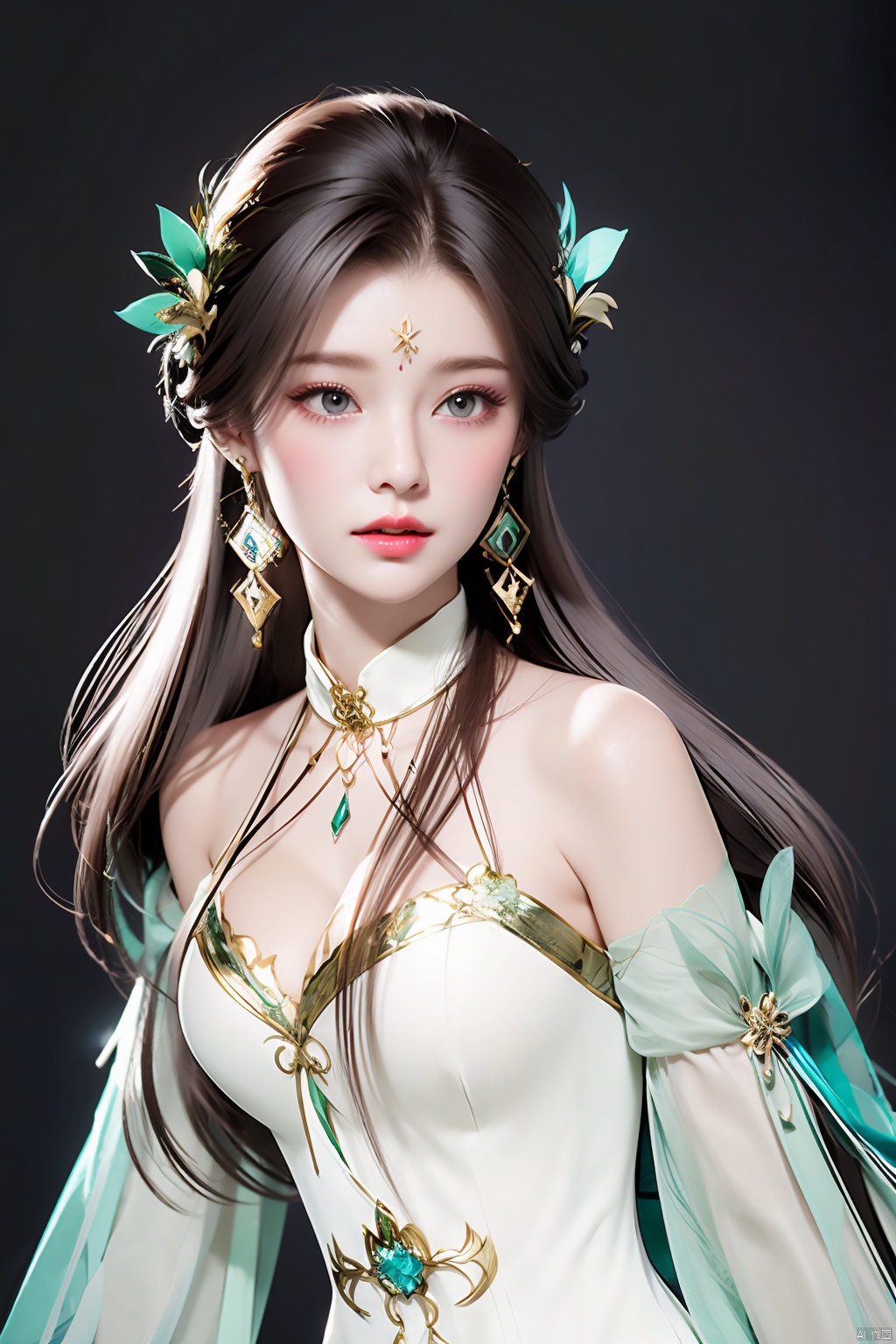  XXE,1 girl,solo,long hair,brown hair,black hair,hair ornament,dress,bare shoulders,jewelry,earrings,detached sleeves,white dress,facial mark,black background,forehead mark,((poakl)),