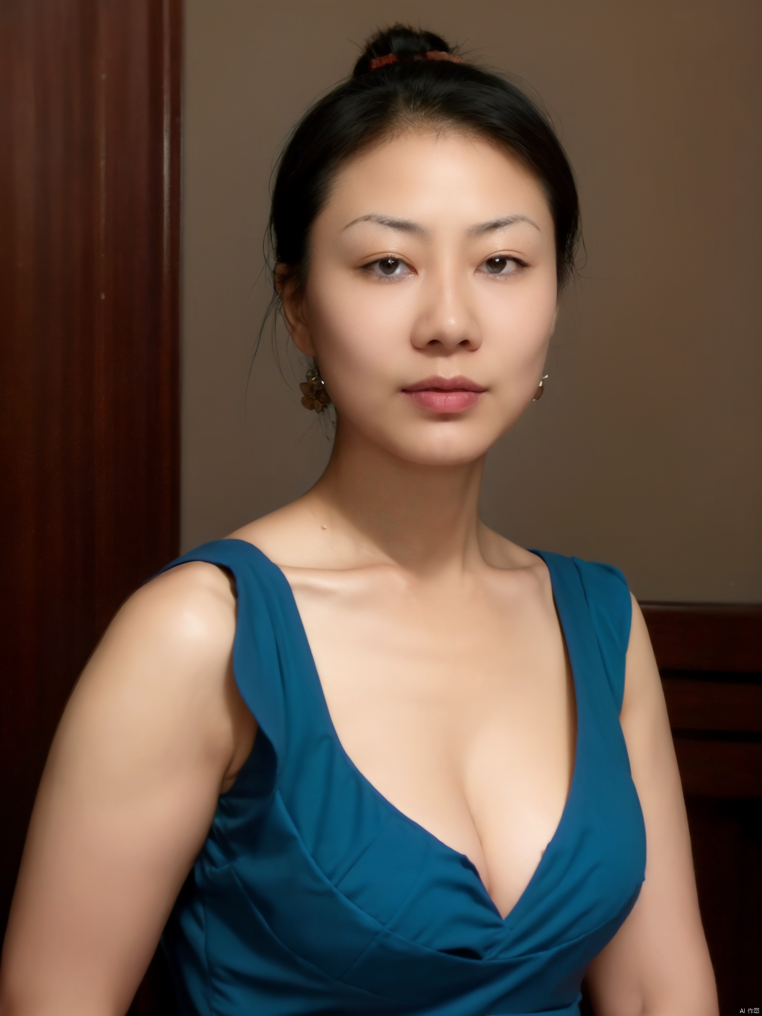 Ponytail,1girl, solo, cleavage,big breastes, flower dress,looking at viewer,Low cut evening gown,simple background, black hair, jewelry, closed mouth, earrings, black eyes, lips, makeup, lipstick, portrait, brown background, realistic,exposure blend, medium shot, bokeh, (hdr:1.4), high contrast, (cinematic, teal and orange:0.85), (muted colors, dim colors, soothing tones:1.3), low saturation