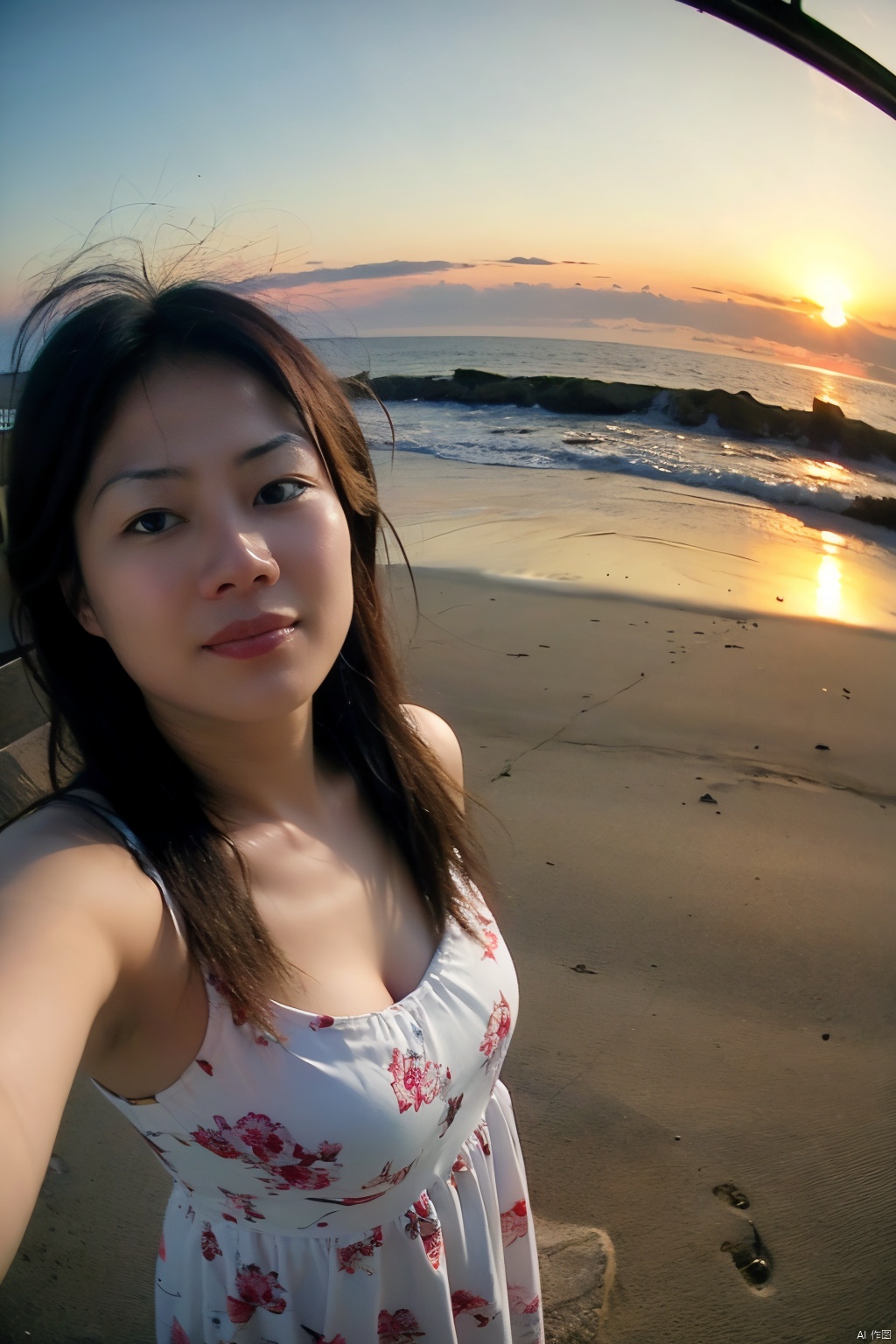  a Asian woman takes a fisheye selfie on a beach at sunshine, the wind blowing through her messy hair. The sea stretches out behind her, creating a stunning aesthetic and atmosphere with a rating of 1.2, ((poakl)), poakl ggll girl
