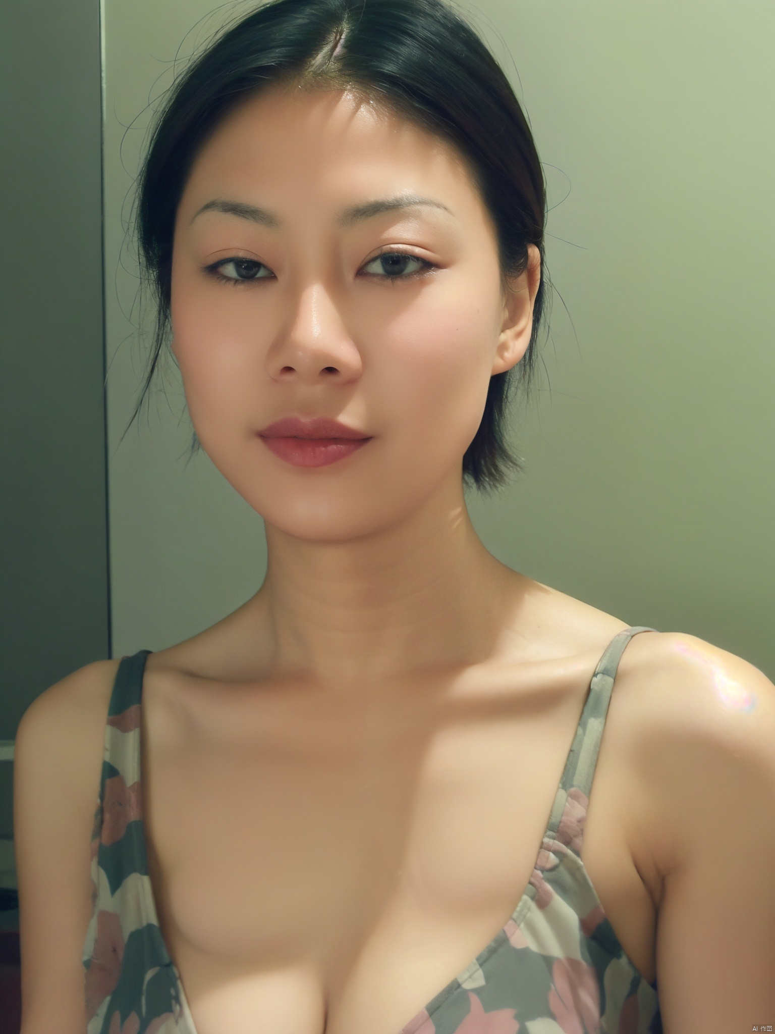 Bob haircut,1girl, solo, cleavage,big breastes, flower dress,looking at viewer,Low cut evening gown,simple background, black hair, jewelry, closed mouth, earrings, black eyes, lips, makeup, lipstick, portrait, brown background, realistic,exposure blend, medium shot, bokeh, (hdr:1.4), high contrast, (cinematic, teal and orange:0.85), (muted colors, dim colors, soothing tones:1.3), low saturation